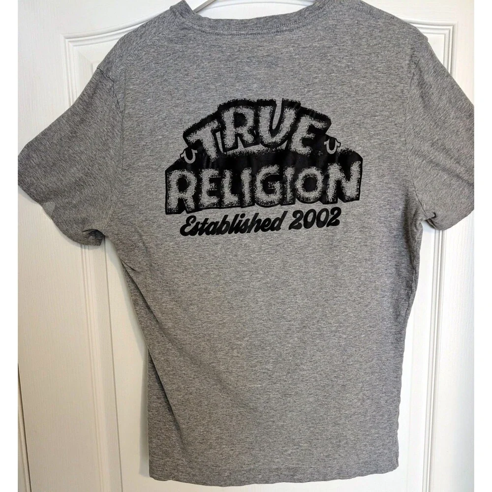 True Religion Men T-Shirt Large L Gray Double Sided Horseshoe Back Graphic Logo